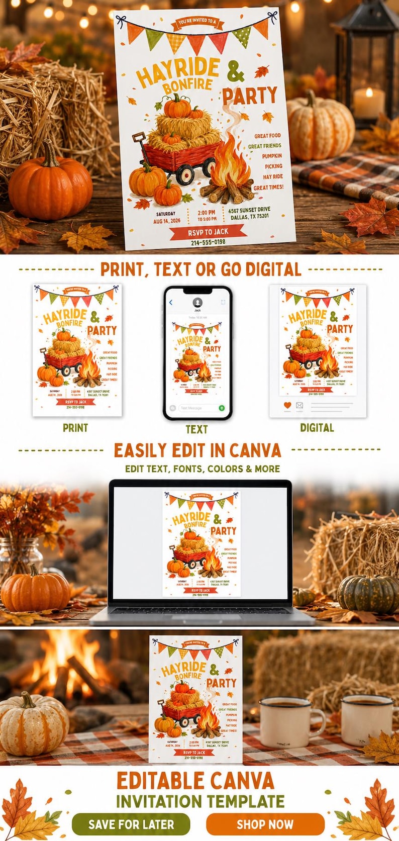 May include: A white invitation template featuring orange, green, and brown bunting, a red wagon filled with pumpkins, and a bonfire illustration. Text includes Hayride & Bonfire Party, event details, and RSVP information for Jack.