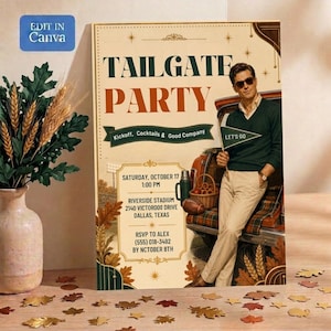 May include: A rectangular flyer for a Tailgate Party featuring a person in a green sweater and tan pants leaning against a vehicle. The text includes event details, date, time, and location. The design is decorated with autumn leaves and stars.