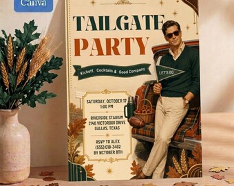May include: A rectangular flyer for a Tailgate Party featuring a person in a green sweater and tan pants leaning against a vehicle. The text includes event details, date, time, and location. The design is decorated with autumn leaves and stars.