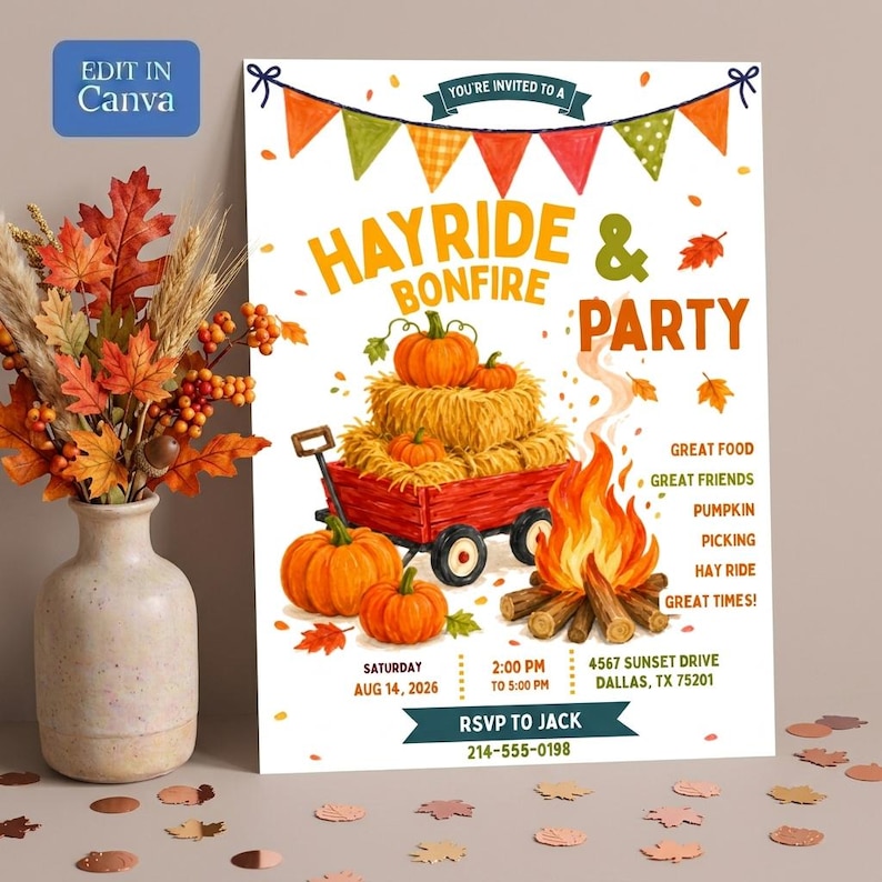 Pumpkin patch invite editable Canva template for a festive fall hayride and bonfire celebration with friends and family. This colorful digital invitation features pumpkins stacked on hay bales in a red wagon beside a glowing bonfire with autumn leaves festive bunting and warm orange green and yellow fall colors.