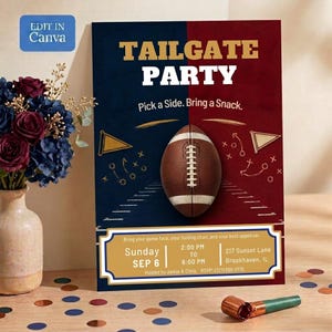 May include: A rectangular tailgate party invitation card featuring a split navy blue and maroon background with a central football graphic, white text reading TAILGATE PARTY, Pick a Side. Bring a Snack., and event details for Sunday, Sep 6.