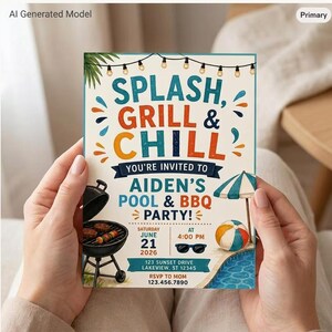 Puede incluir: Una tarjeta de invitación rectangular con el texto SPLASH, GRILL & CHILL, YOU'RE INVITED TO AIDEN'S POOL & BBQ PARTY, SATURDAY JUNE 21 2026 AT 4:00 PM, 123 SUNSET DRIVE, RSVP TO MOM 123.456.7890, con gráficos de parrilla, piscina y pelota de playa.