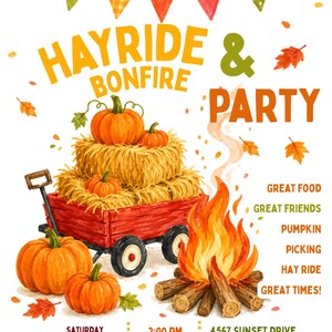 Pumpkin patch invite editable Canva template for a festive fall hayride and bonfire celebration with friends and family. This colorful digital invitation features pumpkins stacked on hay bales in a red wagon beside a glowing bonfire with autumn leaves festive bunting and warm orange green and yellow fall colors.