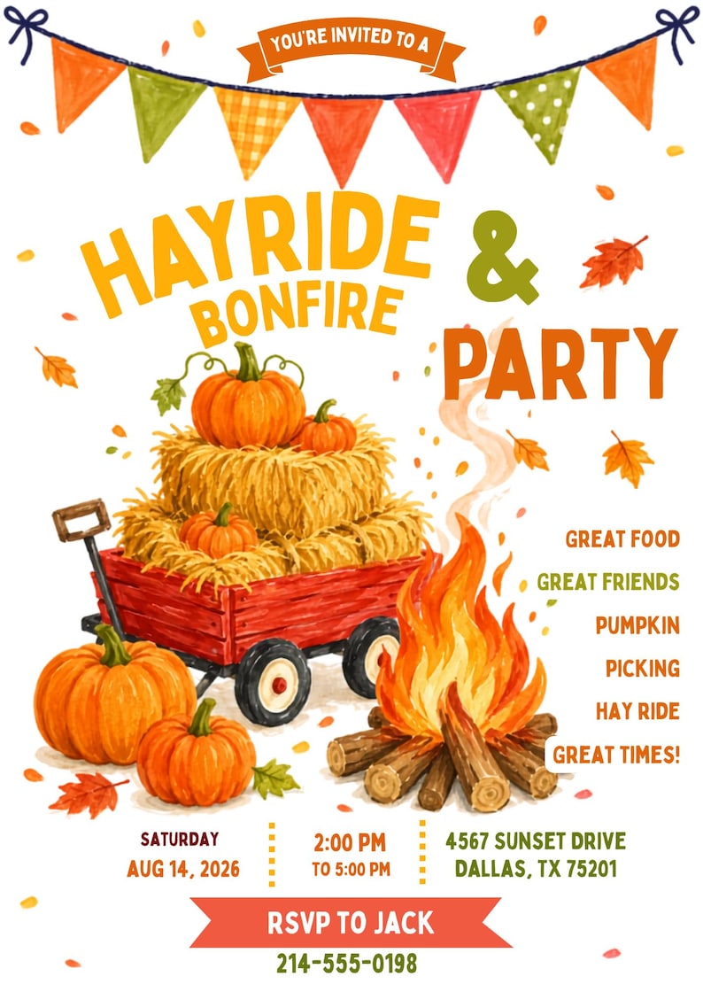 Pumpkin patch invite editable Canva template for a festive fall hayride and bonfire celebration with friends and family. This colorful digital invitation features pumpkins stacked on hay bales in a red wagon beside a glowing bonfire with autumn leaves festive bunting and warm orange green and yellow fall colors.