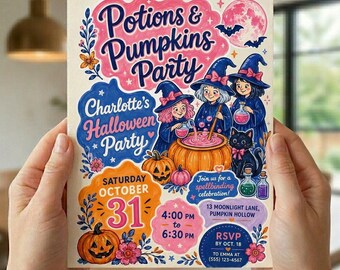 Potions and Pumpkins Halloween Invitation Template Editable Canva Template Witch Party Invite Magic Potions Pink Halloween Printable