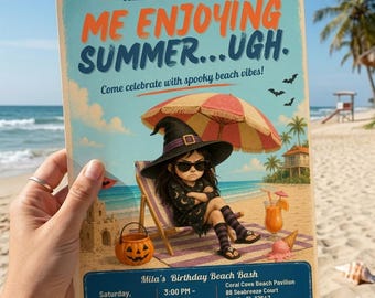 Summerween Geburtstagseinladung, Ich genieße Sommer Hexe Strandparty einladen, Halloween Canva Vorlage, digitaler Download, Summerween einladen