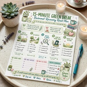 May include: A printed 15-Minute Green Break Burnout Recovery Reset Plan checklist featuring green text, botanical illustrations, and five numbered steps for nature-based relaxation, including sections for notes on personal observations and feelings.