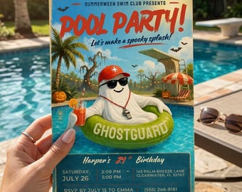 Summerween Geburtstag Pool Party einladen Halloween im Sommer Swim Party einladen Bearbeitbare Canva Vorlage Digitaler Download