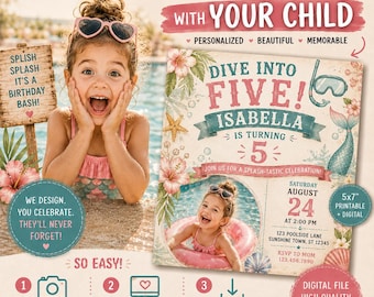 Tauchen Sie ein in fünf Pool-Party einladen, Pool-Party Geburtstag, Mädchen 5. Geburtstag einladen, Schwimmen-Party einladen, Kinder-Party einladen, Jungen 5. Geburtstag