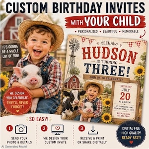 Könnte beinhalten: Eine personalisierte Geburtstagseinladung mit einem Kind im Strohhut, das ein Ferkel hält, inklusive Text CUSTOM BIRTHDAY INVITES WITH YOUR CHILD, YEEHAW! HUDSON IS TURNING THREE! sowie Angaben für Samstag, den 20. Juli um 14:00 Uhr.