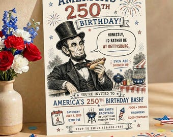 America 250 Birthday Invitation, Funny Lincoln BBQ Party Invite, July 4th Cookout Invitation, Patriotic Backyard Party Template