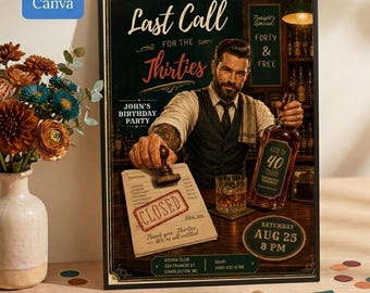 Può includere: Un poster di invito a una festa di compleanno con un uomo in gilet che tiene un timbro sopra un documento con la scritta CLOSED. Il testo recita Last Call for the Thirties, John's Birthday Party e Saturday Aug 25 8 PM. Una bottiglia di liquore invecchiato 40 anni è posizionata vicino.