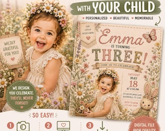 Cottagecore Digitale Einladung Geburtstag Benutzerdefiniertes Foto Wildblumen Kinderkarte Cottagecore Party druckbare Blumenmädchen personalisierte Feier