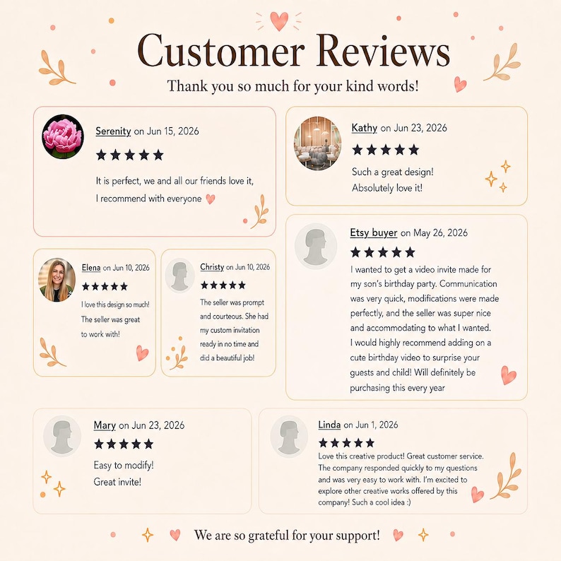 May include: A customer review graphic featuring the title Customer Reviews and Thank you so much for your kind words. It displays six individual feedback boxes with five-star ratings, user names, dates, and text comments, decorated with small hearts and leaves.