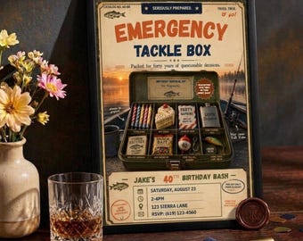 Può includere: Un poster incorniciato intitolato Emergency Tackle Box, con la grafica di una cassetta da pesca verde aperta piena di articoli per il compleanno come candele, una fetta di torta e una fiaschetta. Il testo include i dettagli del 40° compleanno di Jake.