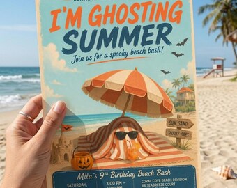 Summerween Ghost Invite Im Ghosting Sommer Strand Einladung Tropical Halloween Invite Bearbeitbare Canva Vorlage Digitaler Download