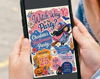 Witch Way To The Party Halloween Invite Editable Canva Template Halloween Witch Cute Ghost Witchy Invitation Digital Download