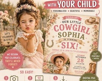 Cowgirl Geburtstagseinladung Digital Rodeo Invite Rosa Western Girl Party Ankündigung Custom Photo Card Printable Bday Invite Pferd Thema