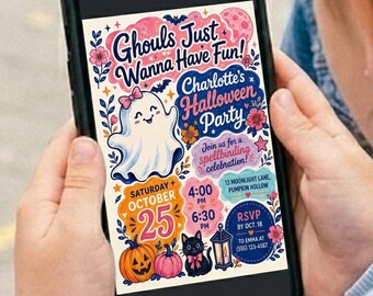 Ghouls Just Wanna Have Fun Halloween lädt bearbeitbare Canva Vorlage ein Süßer Geist Pink Halloween Party Digital Download