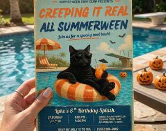 Summerween Pool Party Invite Creeping It Real Black Cat Birthday Invitation Editable Canva Template Digital Download Summerween Invite