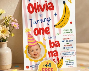 Bananen-Geburtstags-Einladung, Bananen-Geburtstags-Party einladen, bearbeitbare personalisierte Geburtstags-Foto-Einladung, benutzerdefinierte Foto-Geburtstags-Einladung