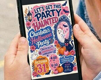 Lets Get this Party Haunted Pink Halloween-Einladungsvorlage Bearbeitbare Canva-Vorlage Haunted Invite Ghost Cat Halloween Invite Digital
