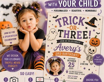 Trick oder drei Geburtstagseinladung Benutzerdefinierte Halloween-Party laden Mädchen dritten Bday Foto Evite personalisierte digitale Einladung Summerween Party ein