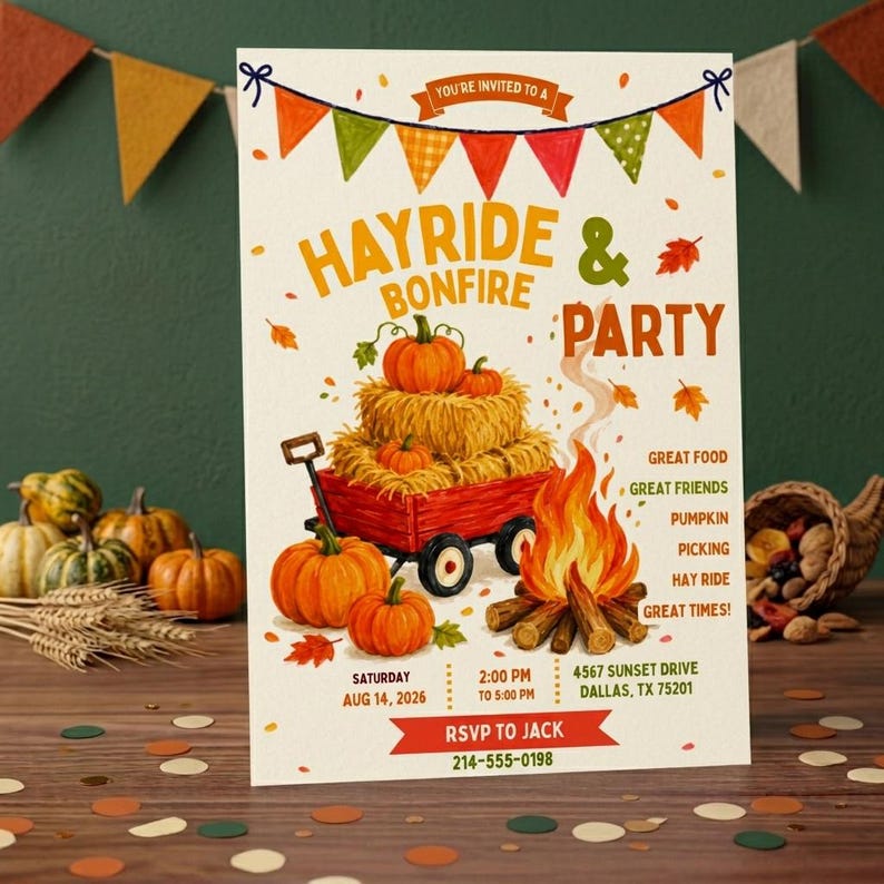 Pumpkin patch invite editable Canva template for a festive fall hayride and bonfire celebration with friends and family. This colorful digital invitation features pumpkins stacked on hay bales in a red wagon beside a glowing bonfire with autumn leaves festive bunting and warm orange green and yellow fall colors.
