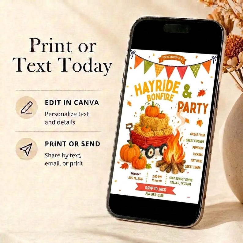 May include: A smartphone displaying a digital invitation for a Hayride and Bonfire Party. The design features a red wagon filled with hay and pumpkins, a campfire, and colorful bunting. Text includes event details, date, time, and location.