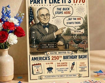 Backyard BBQ-Einladung, lustige Truman-Party-Einladung, Vaterländische Kochparty-Einladung, Amerika 250 Feier-Vorlage, 4. Juli einladen