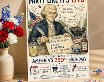 Grillparty Einladung, lustige Thomas Schmeriff-Einladung, Kochparty-Einladung, Amerika 250 Geburtstags-Party-Vorlage, 4. Juli einladen