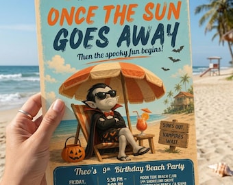 Summerween Beach Party Invite, Once The Sun Goes Down Vampire Birthday Invitation, Editable Canva Template, Summerween Digital Download
