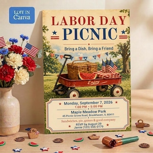 May include: A Labor Day picnic invitation flyer featuring a red wagon carrying a wicker basket, a watermelon slice, and American flags. The text includes event details for Monday, September 7, 2026, at Maple Meadow Park, 45 Picnic Grove Road, Brookhaven, IL.