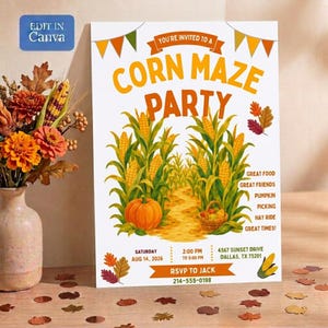 May include: A rectangular invitation card for a corn maze party featuring a central illustration of a cornfield path with a pumpkin and a basket of produce. The text reads: You're invited to a corn maze party, great food, great friends, pumpkin picking, hay ride, great times, Saturday Aug 14, 2026, 2:00 PM to 5:00 PM, 4567 Sunset Drive, Dallas, TX 75201, RSVP to Jack 214-555-0198.