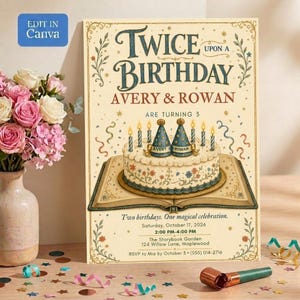 Twin Birthday Invite Editable Canva Template Double Birthday Party 3rd Birthday Invite Kids Digital Invitation Girls Bday Invite