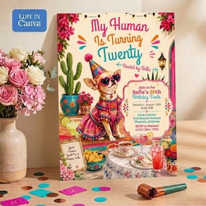 May include: A birthday invitation poster titled My Human Is Turning Twenty, featuring a chihuahua wearing a party hat and heart-shaped sunglasses. The design includes a cactus, floral accents, and party details for Sofia's 20th birthday fiesta on August 10th.