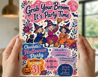 Schnapp dir deinen Besen Halloween Hexenparty einladen bearbeitbare Canva Vorlage Hexeneinladung schwarze Katze rosa Halloween druckbar