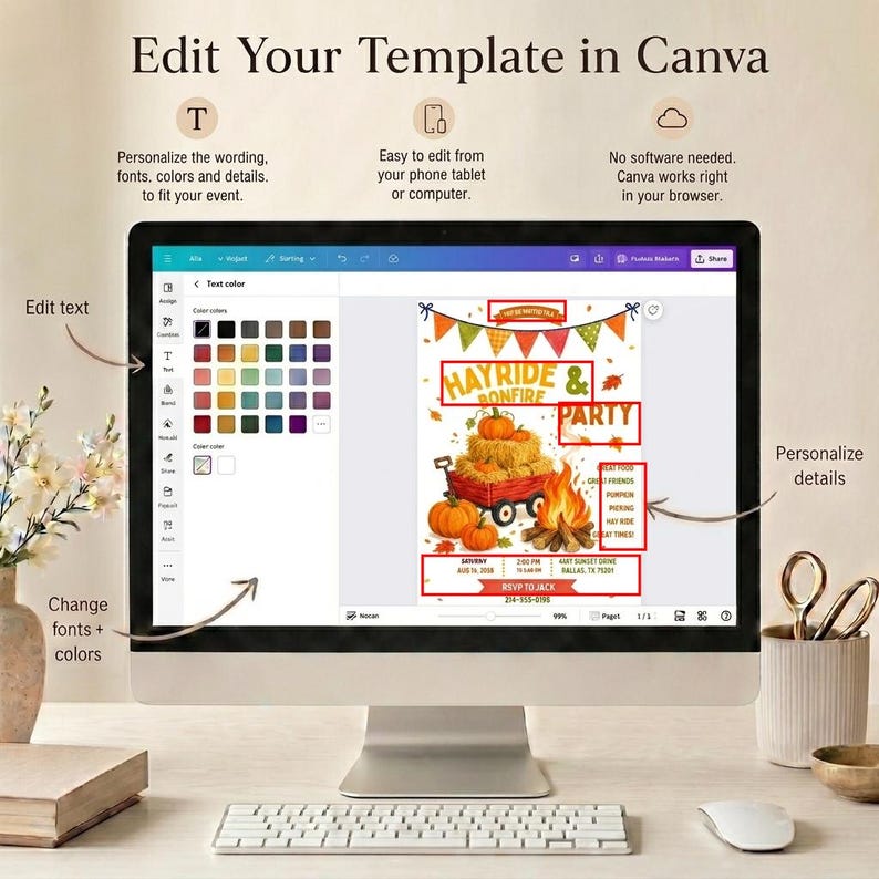 Pumpkin patch invite editable Canva template for a festive fall hayride and bonfire celebration with friends and family. This colorful digital invitation features pumpkins stacked on hay bales in a red wagon beside a glowing bonfire with autumn leaves festive bunting and warm orange green and yellow fall colors.