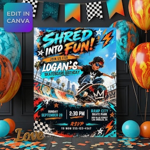 Può includere: Un invito per una festa di compleanno con uno skater in uno skatepark e il testo SHRED INTO FUN! JOIN US FOR LOGAN'S SKATEBOARD BIRTHDAY, SUNDAY SEPTEMBER 28, 2:30 PM, RAMP CITY SKATE PARK, 209 OLLIE STREET LOS ANGELES, CA, RSVP TO MOM 555-123-4567.