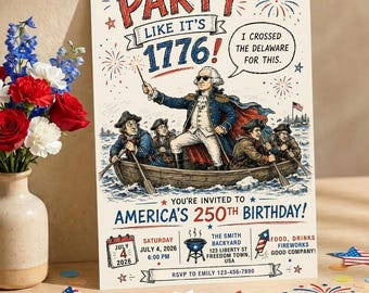 Druckbare Einladung zum 4.Juli, George Washington Delaware Crossing Party Wie die 1776 Party einladen, 4.Juli Party einladen