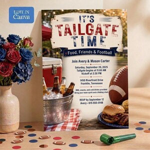 May include: A tailgate party invitation flyer featuring the text It's Tailgate Time, Food, Friends & Football, with details for an event on September 20, 2025, in Franklin, Tennessee, alongside a football, a burger, and a metal bucket of beer.