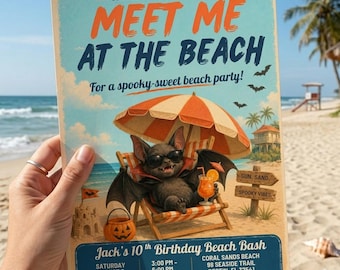 Summerween Strand Geburtstag Einladen Treffen Sie mich am Strand Fledermaus-Halloween-Party-Einladung Bearbeitbare Canva Vorlage Summerween Digital Download