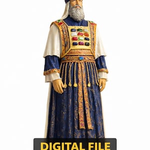 Op de afbeelding: Gedetailleerd beeldje van een man in traditionele religieuze kledij. De figuur draagt een witte hoofdbedekking, een blauw en goud geborduurde jurk en een borstplaat met kleurrijke edelstenen. De afbeelding bevat een banner met de tekst "DIGITAAL BESTAND Geen fysiek item."