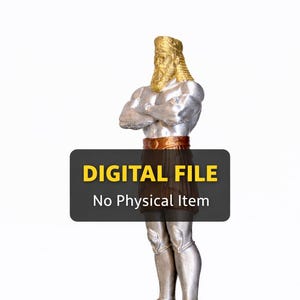 May include: A silver statue of a muscular figure with crossed arms, a gold beard, and a gold headdress. The statue is standing on a gray stone base. The text "DIGITAL FILE No Physical Item" is displayed.
