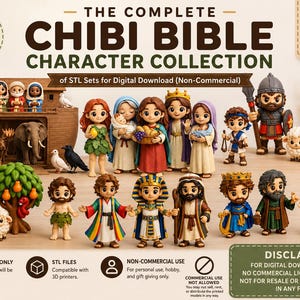 Puede incluir: Una colección de descarga digital de archivos STL de personajes bíblicos estilo Chibi para impresión 3D. El conjunto incluye figuras como el arca de Noé, animales y personajes bíblicos en formato miniatura con textos y avisos legales.