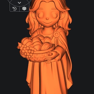 Op de afbeelding: Een 3D-ge&euml;ngageerde oranje figuur van een persoon die een fruitmand vasthoudt. De figuur draagt een gedrapeerd kledingstuk en heeft lang, golvend haar. De mand bevat druiven en andere ronde vruchten.