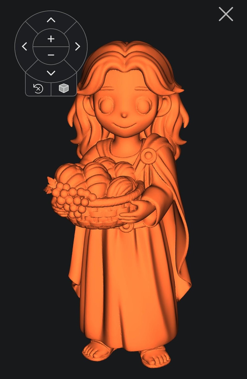 Op de afbeelding: Een 3D-ge&euml;ngageerde oranje figuur van een persoon die een fruitmand vasthoudt. De figuur draagt een gedrapeerd kledingstuk en heeft lang, golvend haar. De mand bevat druiven en andere ronde vruchten.