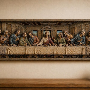 Escultura en relieve de la Última Cena / Arte mural cristiano pintado a mano, decoración bíblica
