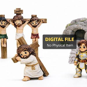May include: A digital file featuring religious figurines depicting the crucifixion, Jesus carrying the cross, and an angel. The figurines are in a cartoon style, with detailed clothing and expressions. The background includes a tomb.