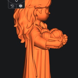 Op de afbeelding: 3D-ge&euml;ngageerde oranje figuur van een persoon die een mand met pompoenen vasthoudt. De figuur draagt een lange jurk en sandalen. Het haar is lang en vloeiend. De afbeelding is tegen een donkere achtergrond.